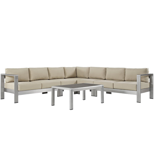 Shore 6 Piece Outdoor Patio Aluminum Sectional Sofa Set in Silver Beige