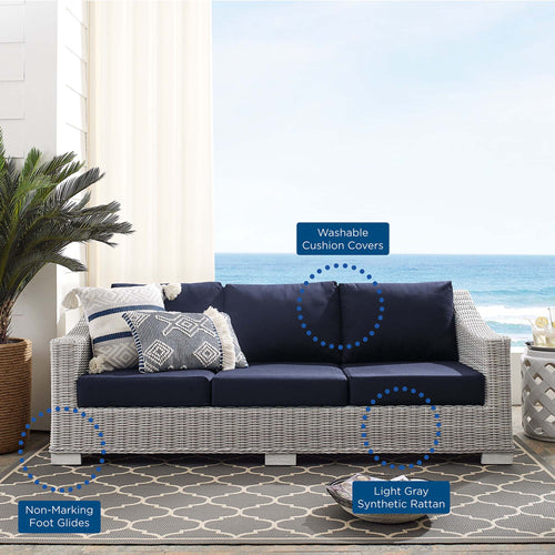 Conway Sunbrella® Outdoor Patio Wicker Rattan Sofa in Light Gray Navy