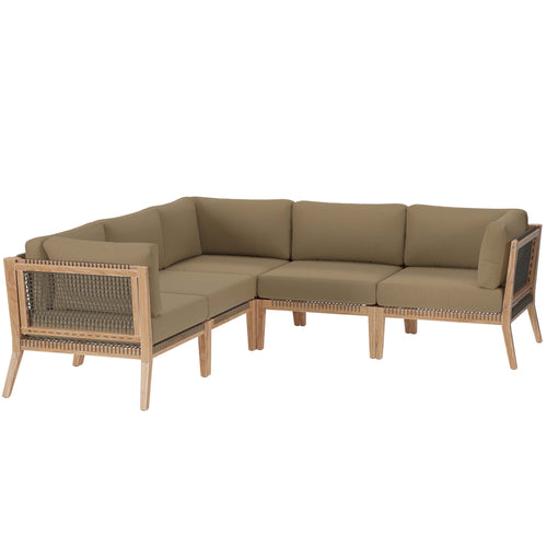 Clearwater 5-Piece Outdoor Patio Teak Wood Sectional Sofa in Gray Light Brown