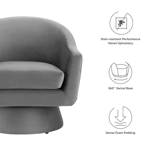 Astral Performance Velvet Fabric and Wood Swivel Chair in Gray