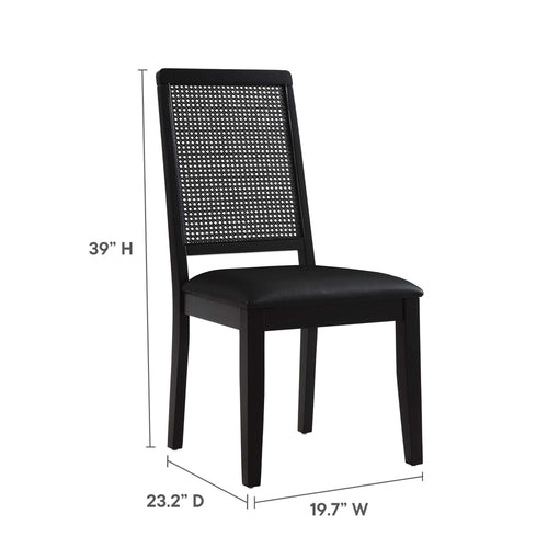 Arlo Vegan Leather Upholstered Faux Rattan and Wood Dining Side Chairs Set of 2 in Black Black