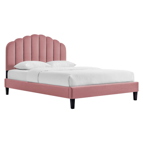 Daisy Tapered Wood Leg Performance Velvet Queen Platform Bed in Dusty Rose
