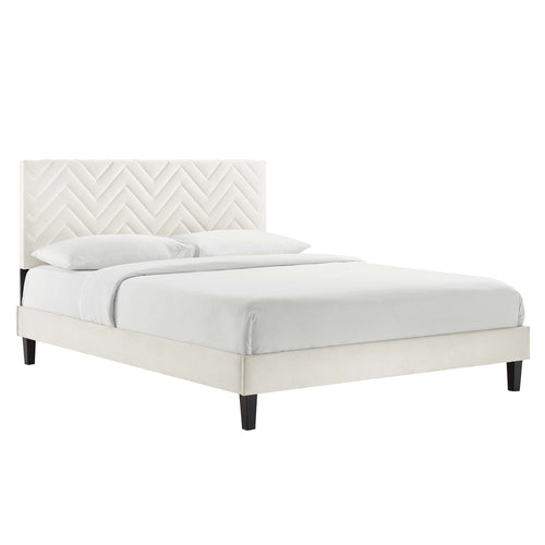 Leah Tapered Wood Leg Chevron Tufted Performance Velvet Queen Platform Bed in White