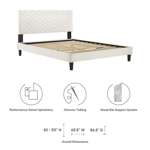 Leah Tapered Wood Leg Chevron Tufted Performance Velvet Queen Platform Bed in White