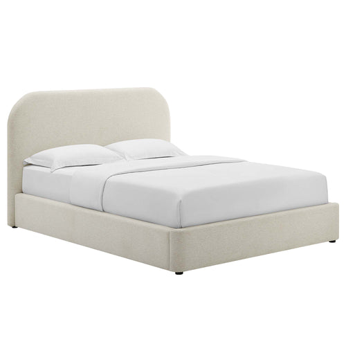 Keynote Upholstered Fabric Curved Queen Platform Bed in Heathered Weave Ivory
