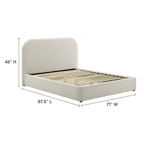 Keynote Upholstered Fabric Curved Queen Platform Bed in Heathered Weave Ivory