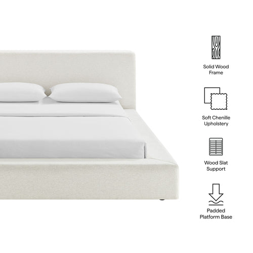 Luma Chenille Upholstered Queen Platform Bed Frame in Ivory Fabric