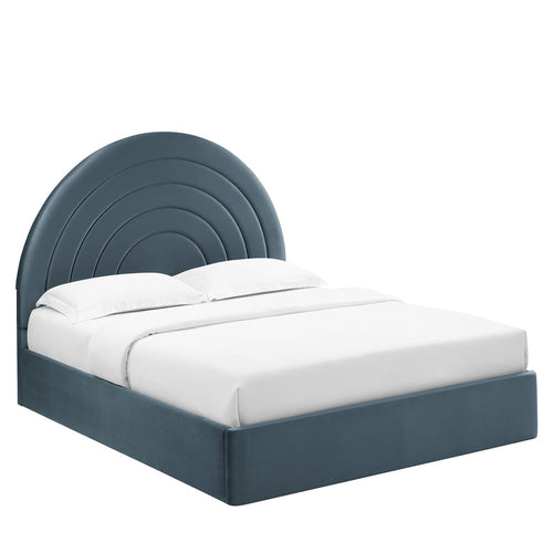 Solana King Arched Velvet Platform Bed in Cadet Blue