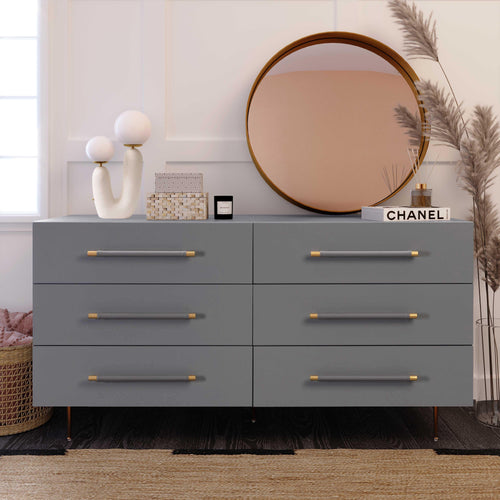 Trident 62" Vegan Leather 6-Drawer Dresser in Grey
