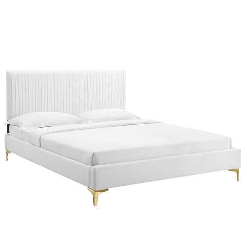 Peyton Queen Velvet Channel Tufted Platform Bed in White