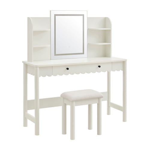 Emmeline Scalloped Vanity Desk With LED Mirror and Stool in White Ivory