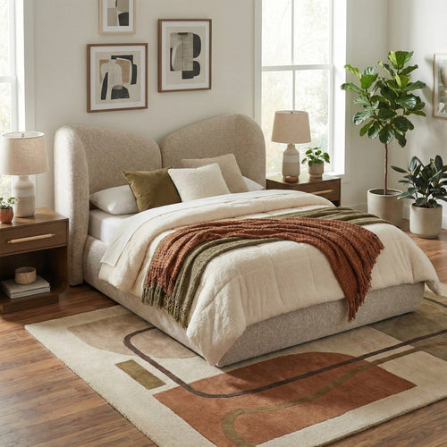 Elowen Chenille Fabric Upholstered Queen Bed in Beige