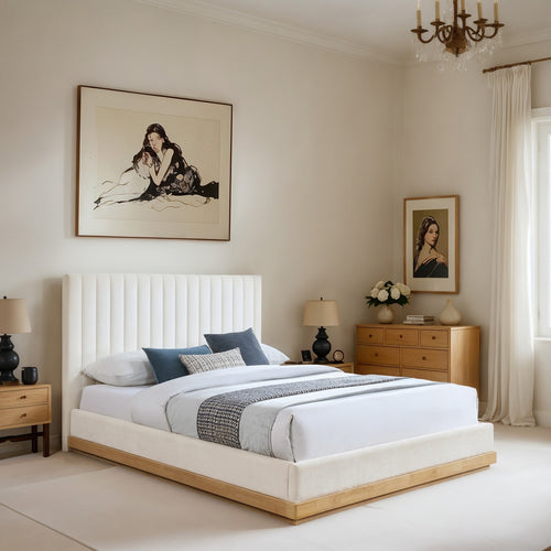 Emmet Chenille Fabric Upholstered King Bed (3 Boxes) in Cream