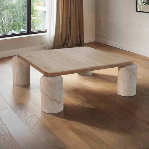 Ferrara Marble Base And Oak Wood Top Coffee Table (3 Boxes) in Beige
