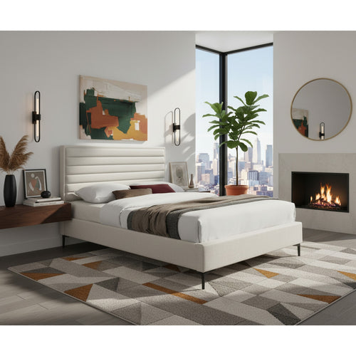 Hunter Linen Textured Fabric Upholstered Queen Bed in Cream