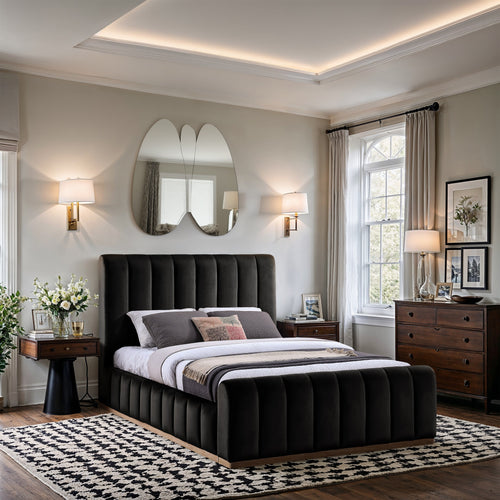 Amara Velvet Upholstered Queen Bed in Black