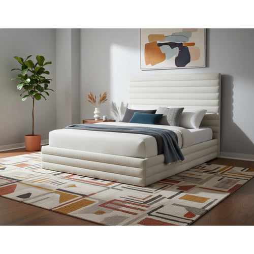Maxwell Linen Textured Fabric Upholstered Queen Bed (3 Boxes) in Cream
