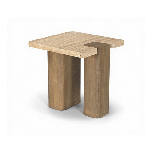 Ravenna Genuine Travertine and Oak Wood End / Side Table in Natural