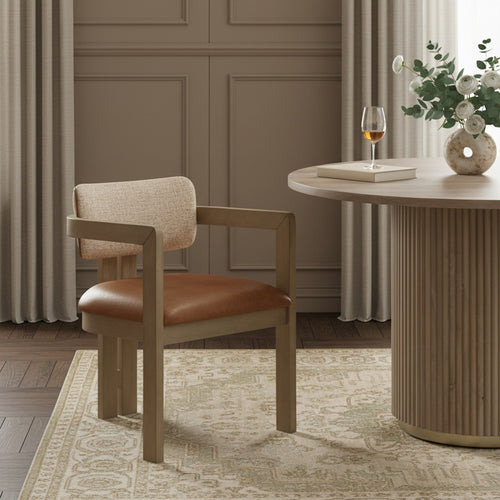Ravina Vegan Leather and Linen Textured Fabric Upholstered Dining Chair in Cognac