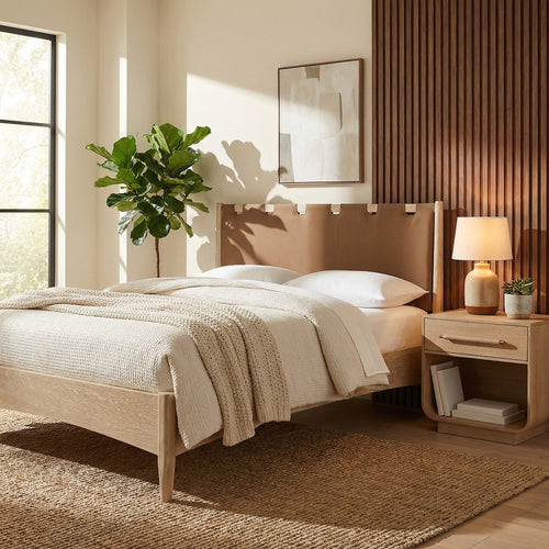 Santos Vegan Leather Headboard And Wood Queen Bed in Brown