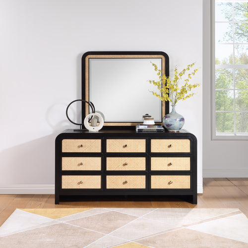Siena Ash Wood And Natural Cane Frame Mirror in Black