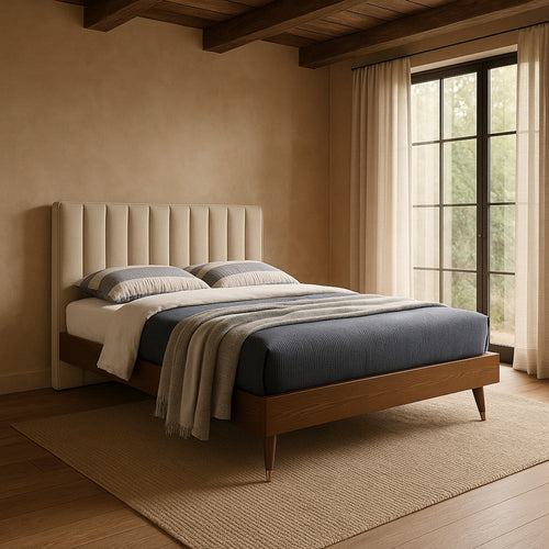 Vance Linen Textured Fabric Upholstered King Bed (3 Boxes) in Beige