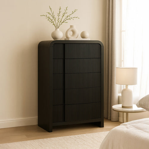 Fluted Solid Wood And Oak Veneer Chest in Black