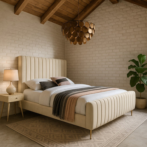 Zara Velvet Upholstered King Bed (3 Boxes) in Cream