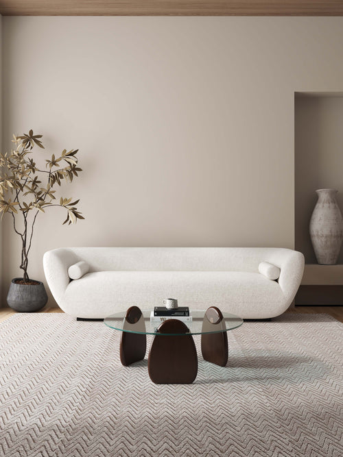 Artesia Glass Top Wood Coffee Table in Walnut