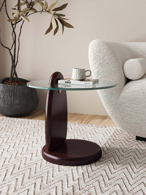 Artesia Glass Top Wood End Table in Walnut