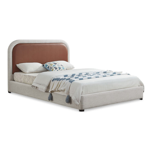 Blake Two Tone Vegan Leather And Linen Textured Fabric Upholstered King Bed in Brown