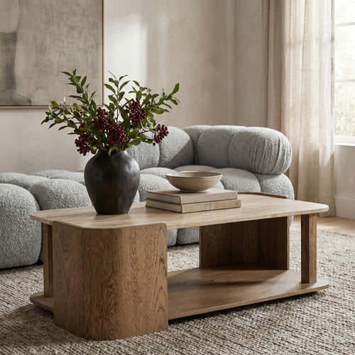 Calabria Marble And Oak Wood Coffee Table in Beige / Brown