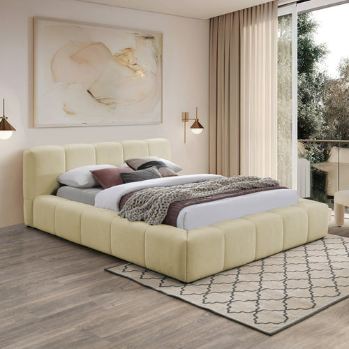Carlin Chenille Fabric Upholstered Queen Bed (3 Boxes) in Beige