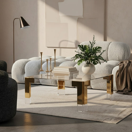 Casper Square Glass Top, Acrylic And Metal Base Coffee Table in Gold