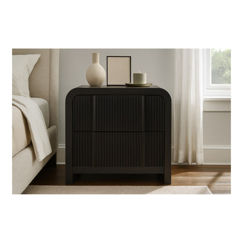 Fluted Solid Wood And Oak Veneer Nightstand in Black