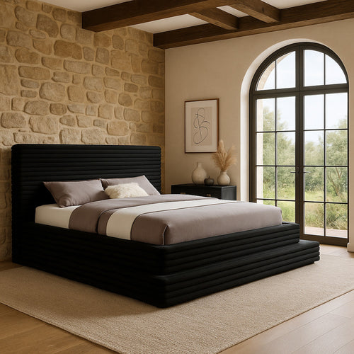 Drew Corduroy Fabric Upholstered King Bed (3 Boxes) in Black