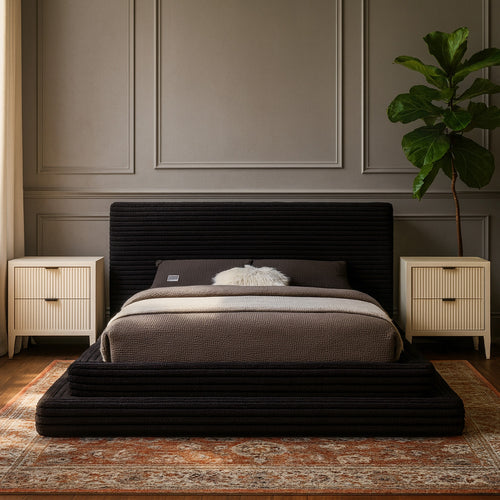 Drew Corduroy Fabric Upholstered Queen Bed (3 Boxes) in Black