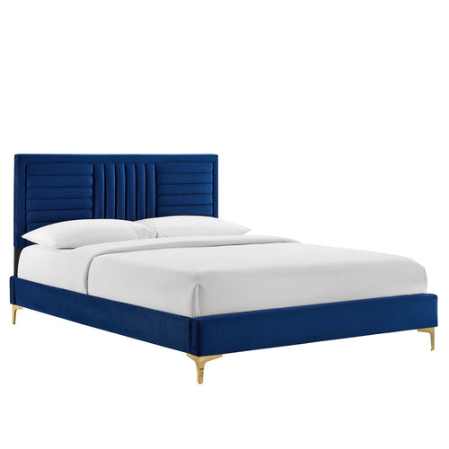 Sofia King Velvet Channel Tufted Platform Bed in Navy
