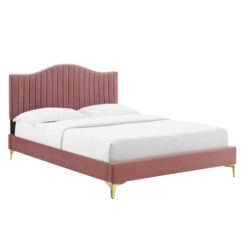 Juniper King Velvet Platform Bed with Gold Metal Legs in Dusty Rose