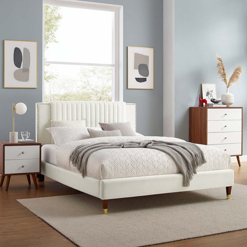 Zahra Queen Velvet Channel Tufted Platform Bed in White