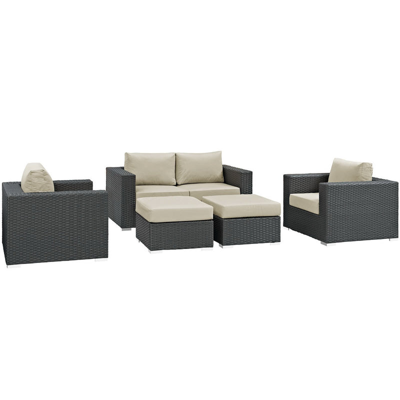 Sojourn 5 Piece Outdoor Patio Sunbrella® Sectional Set in Canvas Antique Beige