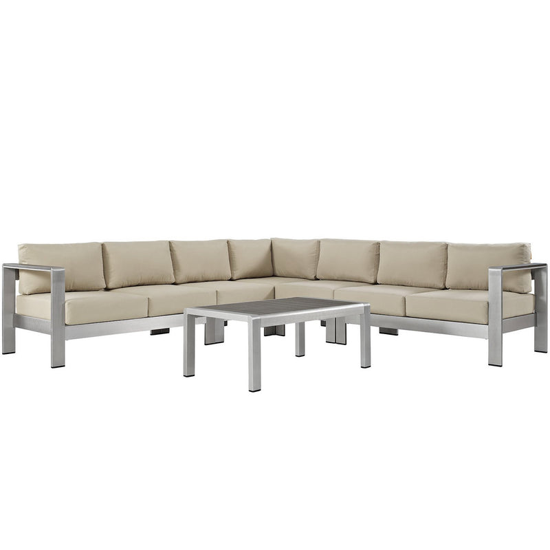 Shore 6 Piece Outdoor Patio Aluminum Sectional Sofa Set in Silver Beige