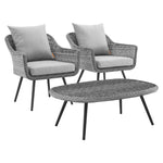 Endeavor 3 Piece Outdoor Patio Wicker Rattan Armchair and Coffee Table Set in Gray Gray
