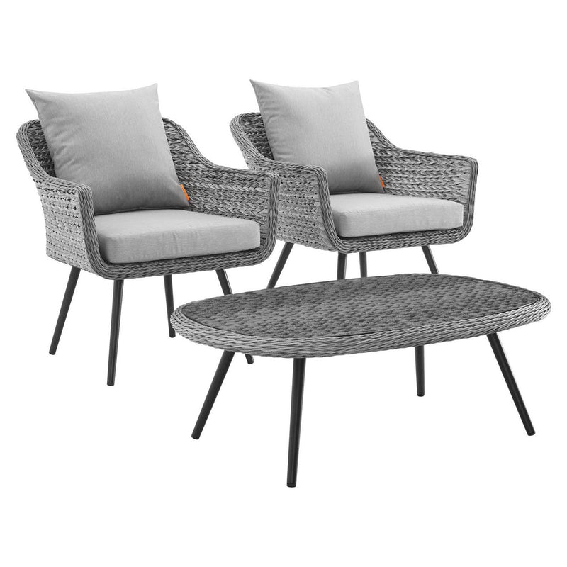 Endeavor 3 Piece Outdoor Patio Wicker Rattan Armchair and Coffee Table Set in Gray Gray