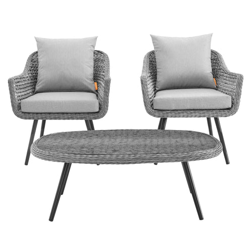 Endeavor 3 Piece Outdoor Patio Wicker Rattan Armchair and Coffee Table Set in Gray Gray