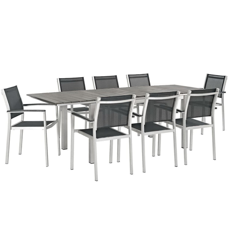 Shore 9 Piece Outdoor Patio Aluminum Dining Set in Silver Black
