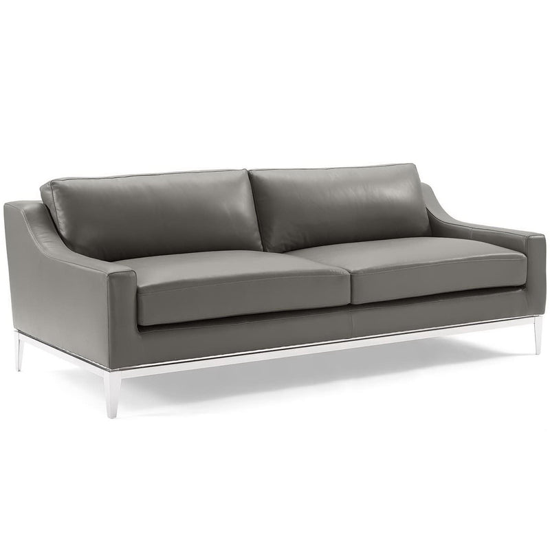 Harness 83.5" Stainless Steel Base Leather Sofa in Gray