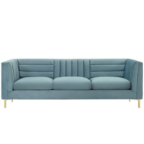 Ingenuity Channel Tufted Performance Velvet Sofa in Light Blue