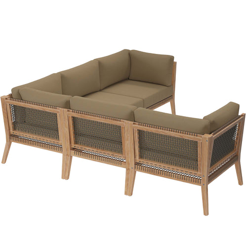Clearwater 5-Piece Outdoor Patio Teak Wood Sectional Sofa in Gray Light Brown