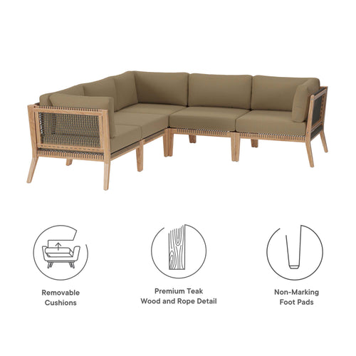 Clearwater 5-Piece Outdoor Patio Teak Wood Sectional Sofa in Gray Light Brown